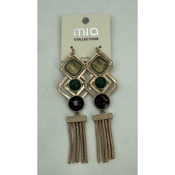 Mia Collection Earrings Wire Drop Hook Gold Tone Red Green Yellow Stones Fashion - Picture 1 of 2